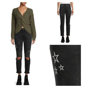 New Juniors 13 Black Jeans  Super High Rise Destructed Embroidered Stars
